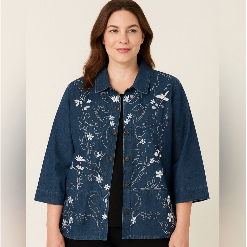 Allison Daley Denim Jacket Blue White Floral Embroidery 3/4 Sleeves Plus Size 22